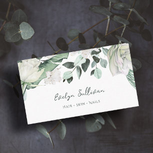 emerald greenery white flowers business card