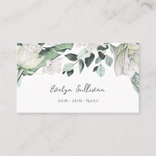 emerald greenery white flowers business card
