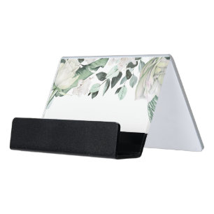 Emerald Greenery White Flowers Desk Business Card Holder