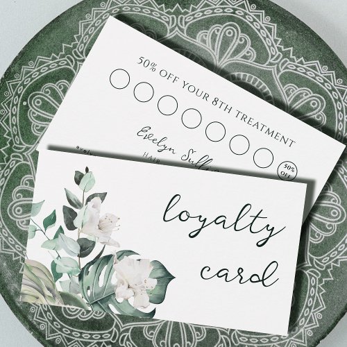 emerald greenery white flowers loyalty card