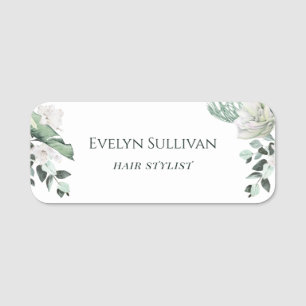 emerald greenery white flowers name tag