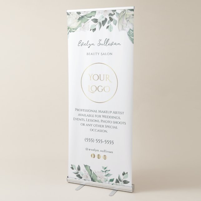emerald greenery white flowers retractable banner (3/4)