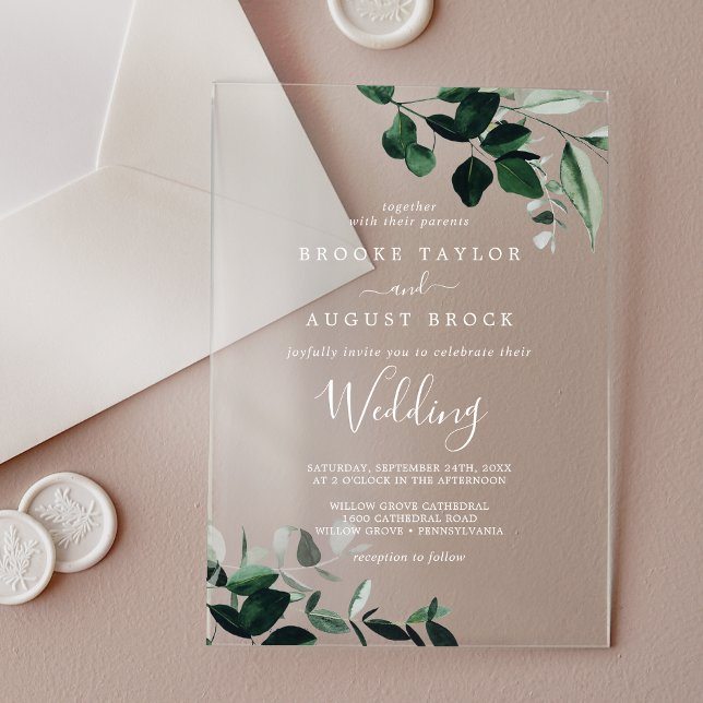 Emerald Greenery White Modern Boho Moody Wedding Acrylic Invitations (Emerald Greenery White Modern Boho Moody Wedding Acrylic Invitations)