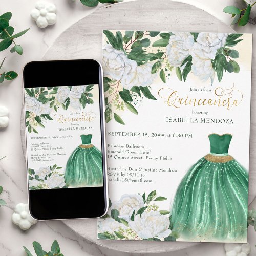 Emerald Greenery White Peony Princess Quinceanera  Invitation