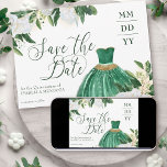Emerald Greenery White Peony Quinceanera Princess Save The Date<br><div class="desc">Emerald Green Quinceanera Save the Date card with green and gold princess gown and watercolor floral arrangements of white peony flowers and greenery. Save the Date is lettered in swirly calligraphy and the remaining wording in elegant serif typography. Please see my Emerald Greenery & White Peony collection for matching items...</div>