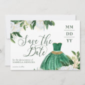 Emerald Greenery White Peony Quinceanera Princess Save The Date (Front)