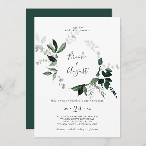 Emerald Greenery Wreath Wedding Invitation