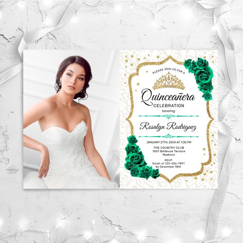 Emerald Gren White Gold Photo Quinceanera Invitation