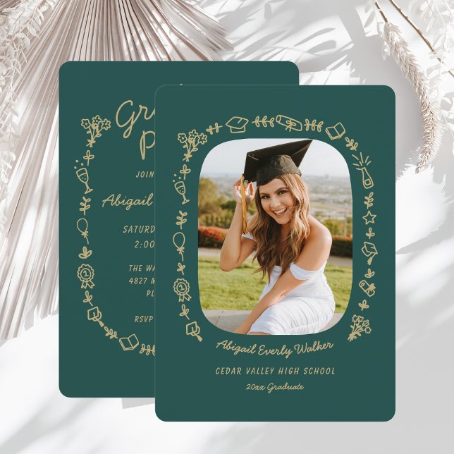 Emerald Hand Drawn Doodles Photo Grad Invitation (emerald green hand drawn doodle graduate card with photo)