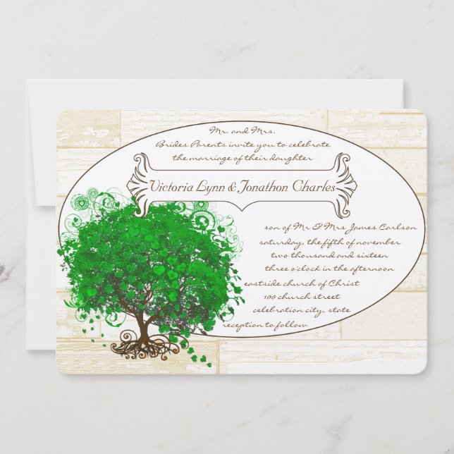 Emerald Heart Leaf Tree Barn Wood Wedding Invitation (Front)