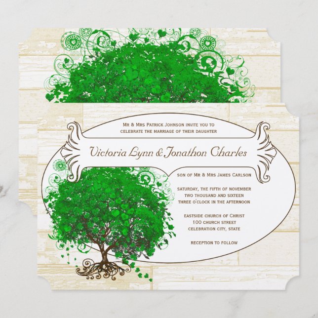 Emerald Heart Leaf Tree Barn Wood Wedding Invitation (Front/Back)