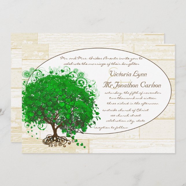 Emerald Heart Leaf Tree Barn Wood Wedding Invitation (Front/Back)