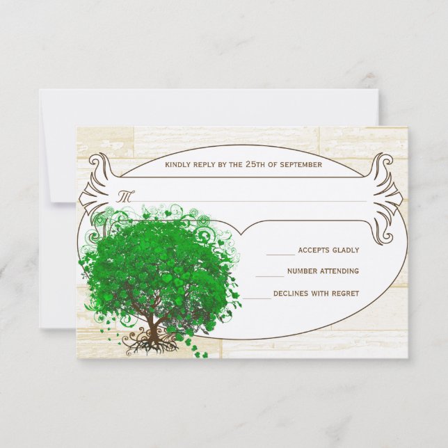 Emerald Heart Leaf Tree Barn Wood Wedding RSVP (Front)