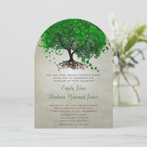 Emerald Heart Leaf Tree Wedding Invites