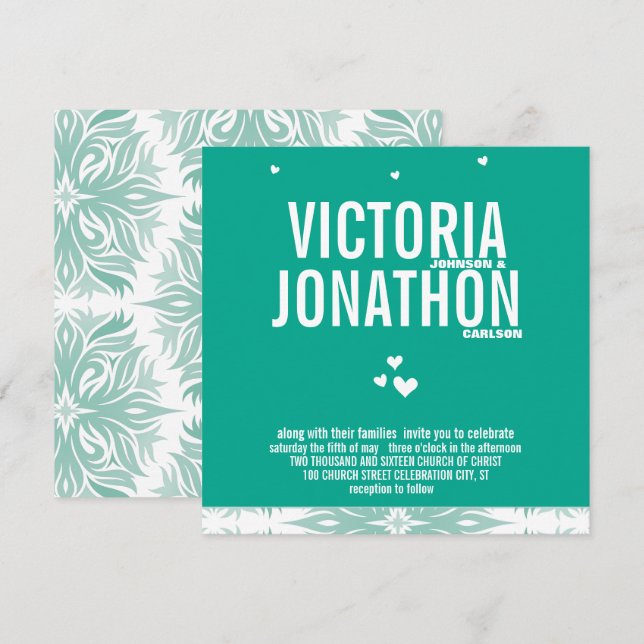 Emerald Heart Modern Floral Typography Wedding Invitation (Front/Back)