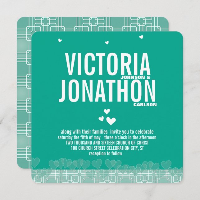 Emerald Heart Modern Floral Typography Wedding Invitation (Front/Back)