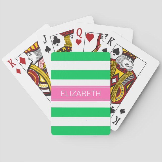Emerald Horz Preppy Stripe Hot Pink Name Monogram Poker Cards (Back)