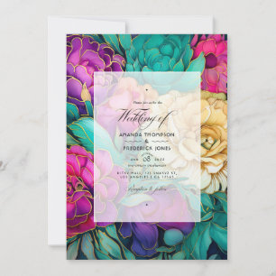 Emerald, Hot Pink and Gold Floral Wedding Invitation