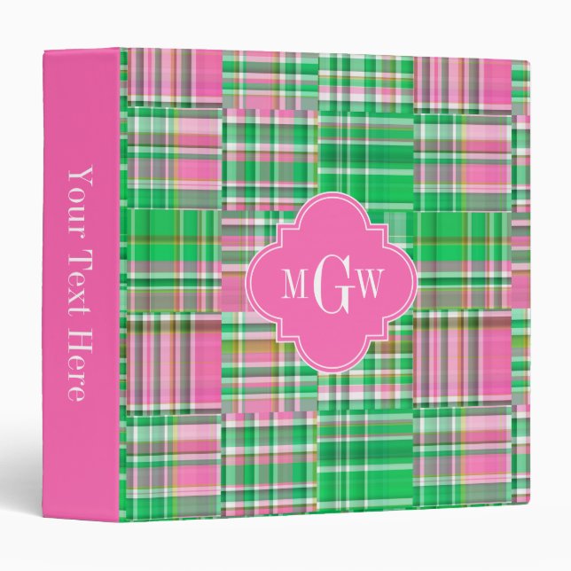 Emerald Hot Pink Preppy Patchwork Madras Monogram 3 Ring Binder (Front/Spine)