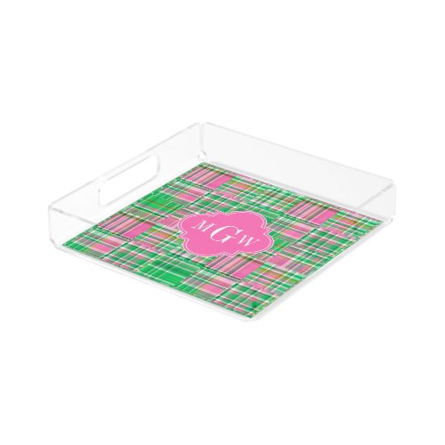 Emerald Hot Pink Preppy Patchwork Madras Monogram Acrylic Tray