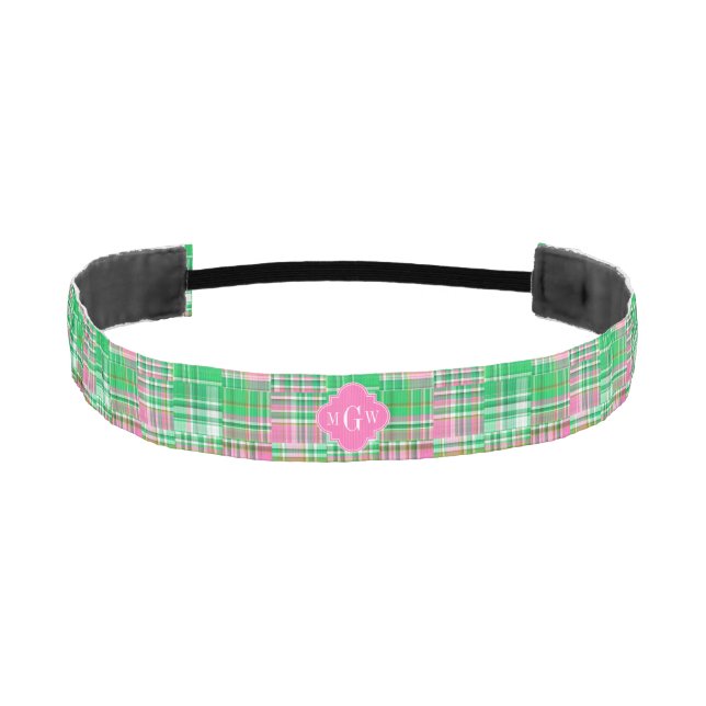 Emerald Hot Pink Preppy Patchwork Madras Monogram Athletic Headband (Front)