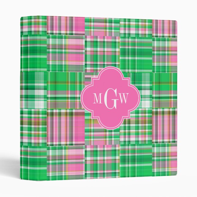 Emerald Hot Pink Preppy Patchwork Madras Monogram Binder (Front/Spine)