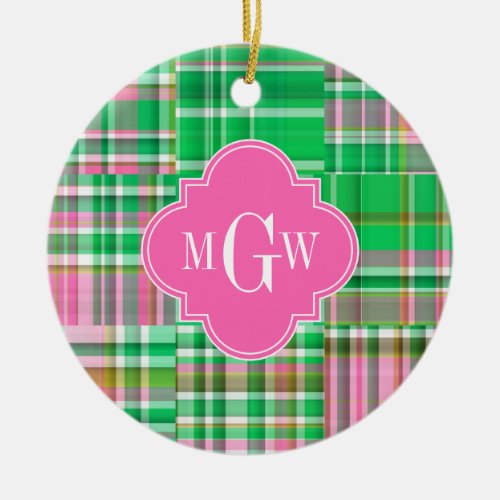 Emerald Hot Pink Preppy Patchwork Madras Monogram Ceramic Ornament