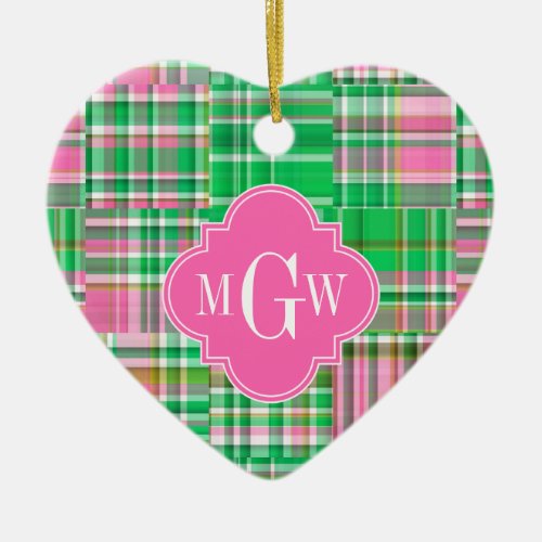 Emerald Hot Pink Preppy Patchwork Madras Monogram Ceramic Ornament