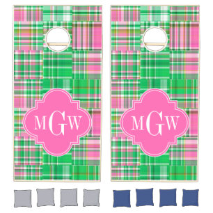 Emerald Hot Pink Preppy Patchwork Madras Monogram Cornhole Set