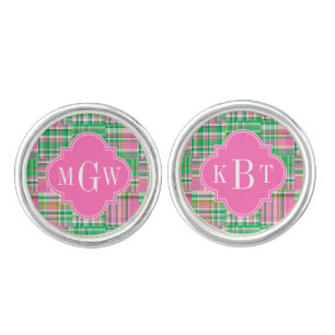 Emerald Hot Pink Preppy Patchwork Madras Monogram Cufflinks