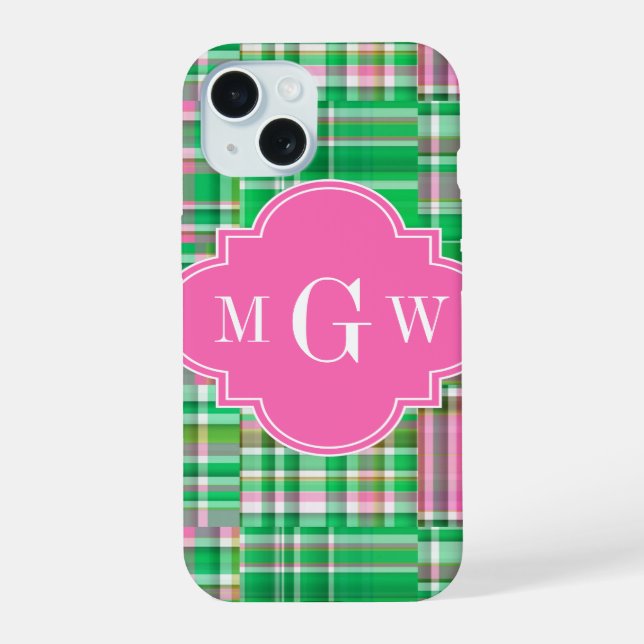 Emerald Hot Pink Preppy Patchwork Madras Monogram Iphone Case (Back)