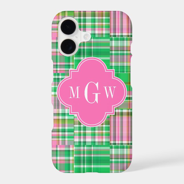 Emerald Hot Pink Preppy Patchwork Madras Monogram Iphone Case (Back)