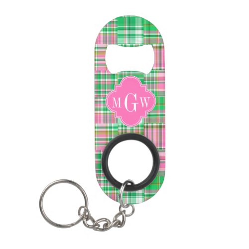 Emerald Hot Pink Preppy Patchwork Madras Monogram Keychain Bottle Opener