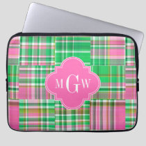 Emerald Hot Pink Preppy Patchwork Madras Monogram Laptop Sleeve