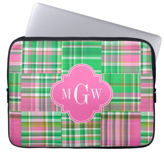 Emerald Hot Pink Preppy Patchwork Madras Monogram Laptop Sleeve