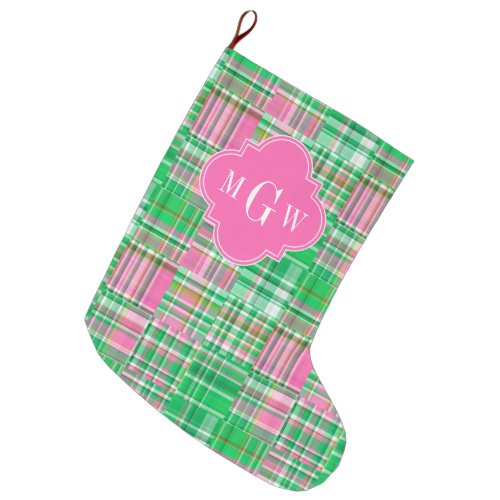 Emerald Hot Pink Preppy Patchwork Madras Monogram Large Christmas Stocking