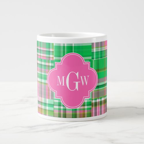 Emerald Hot Pink Preppy Patchwork Madras Monogram Large Coffee Mug