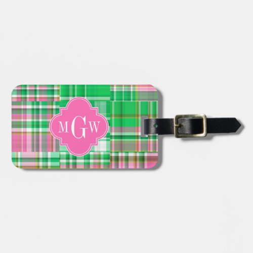 Emerald Hot Pink Preppy Patchwork Madras Monogram Luggage Tag