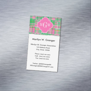Emerald Hot Pink Preppy Patchwork Madras Monogram Magnetic Business Card