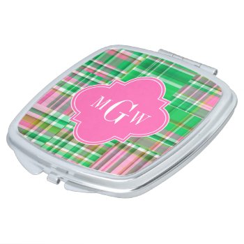 Emerald Hot Pink Preppy Patchwork Madras Monogram Mirror For Makeup by FantabulousPatterns at Zazzle