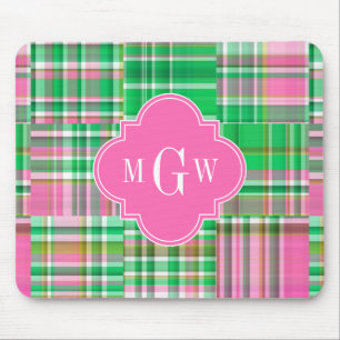 Emerald Hot Pink Preppy Patchwork Madras Monogram Mouse Pad