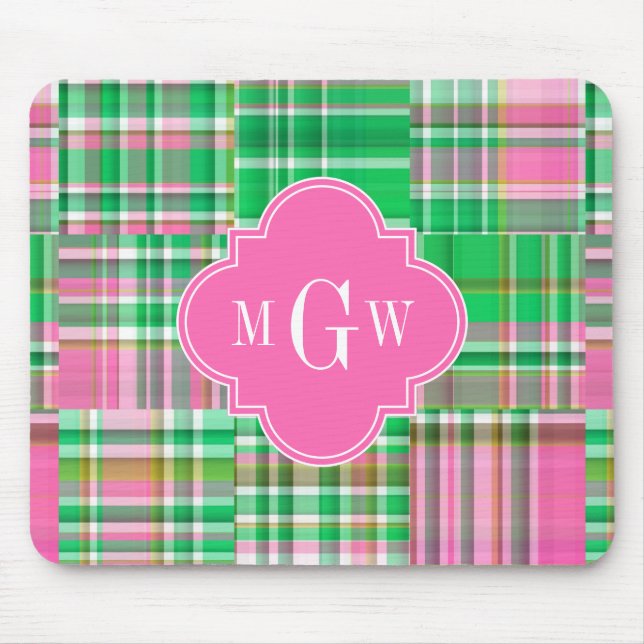 Emerald Hot Pink Preppy Patchwork Madras Monogram Mouse Pad (Front)