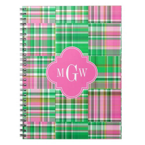 Emerald Hot Pink Preppy Patchwork Madras Monogram Notebook