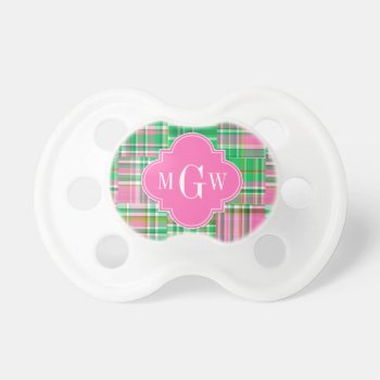 Emerald Hot Pink Preppy Patchwork Madras Monogram Pacifier by FantabulousPatterns at Zazzle