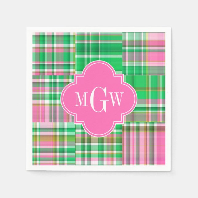 Emerald Hot Pink Preppy Patchwork Madras Monogram Paper Napkins (Front)