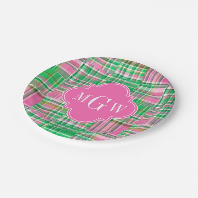 Emerald Hot Pink Preppy Patchwork Madras Monogram Paper Plates (Angled)