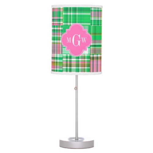 Emerald Hot Pink Preppy Patchwork Madras Monogram Table Lamp