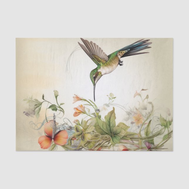 Emerald Hummingbird Spray of Orange Red Flowers Tissue Paper (Front)
