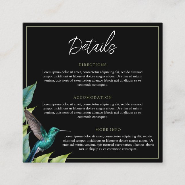 Emerald Hummingbird Tropical Leaves Wedding Enclosure Card (Front)