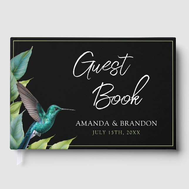Emerald Hummingbird Tropical Leaves Wedding Foil Guest Book (Front)